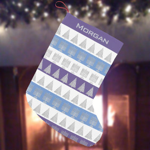 Petite Chaussette De Noël Chrismukkah Argent Menorah Arbre Arbre Stripes Mot