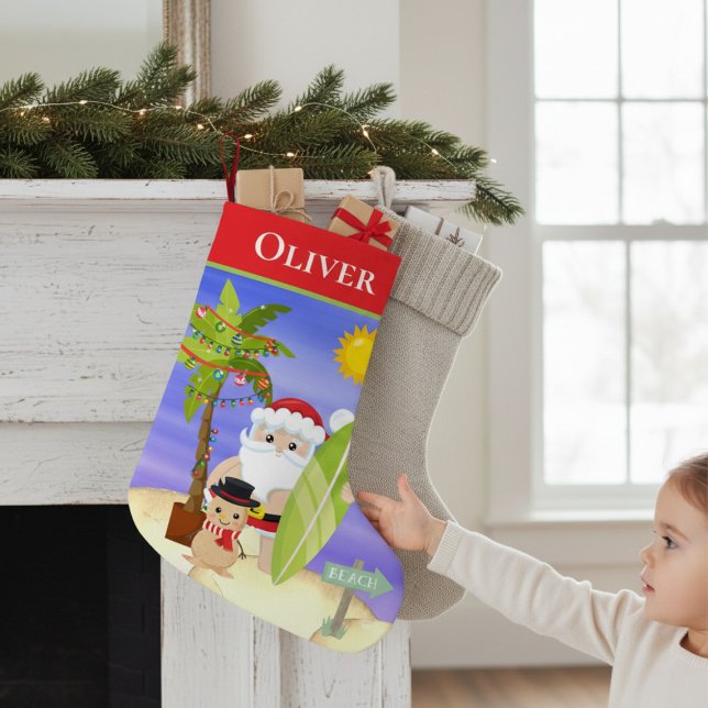 Petite Chaussette De Noël Christmas Summer Santa Beach Surfing Personalized (Créateur téléchargé)