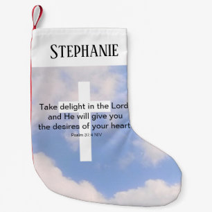 Petite Chaussette De Noël Ciel bleu et Croix blanche Bible chrétienne Verse