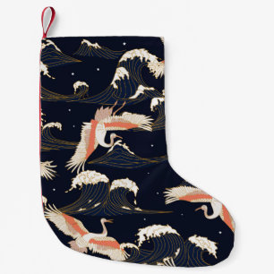 Petite Chaussette De Noël cigognes japonaises en style vintage sur fond vert