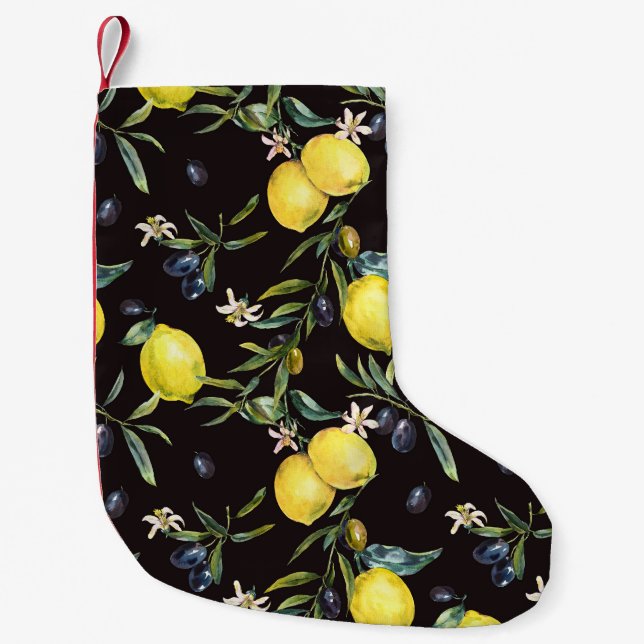 Petite Chaussette De Noël Citron, branches d'olivier : motif aquarelle. (Devant)