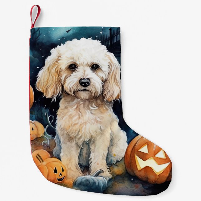 Petite Chaussette De Noël Cockapou d'Halloween avec la peur Citrouille (Devant)