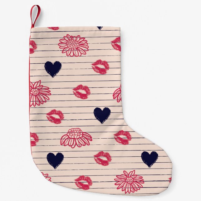 Petite Chaussette De Noël Coeurs rouges, lèvres, marguerites motif. (Devant)