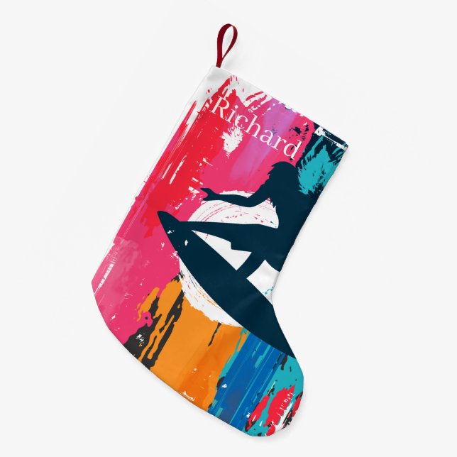 Petite Chaussette De Noël cool Beach surfing ajouter nom (Devant (Accrochage))