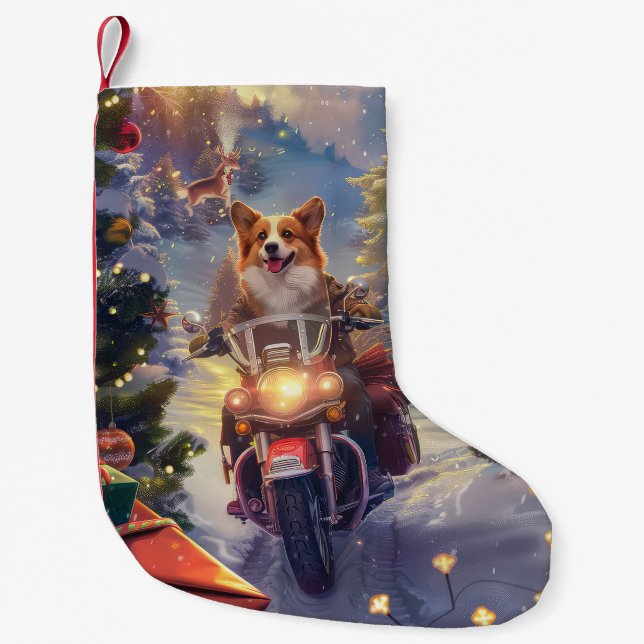 Petite Chaussette De Noël Corgi Chien équitation Moto Noël (Devant)