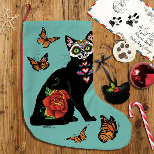 Petite Chaussette De Noël Crâne de Sucre Chat Noir Rose Turquoise Cœur