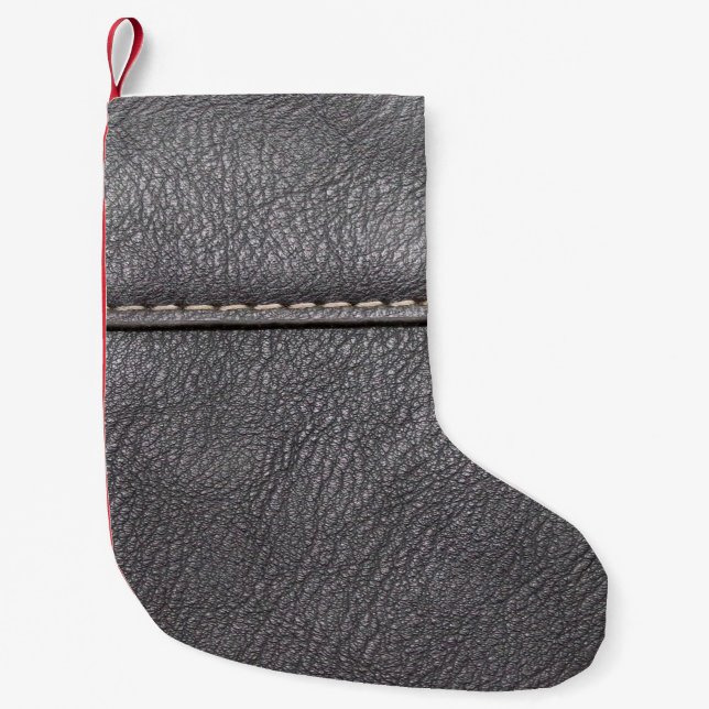 Petite Chaussette De Noël Cuir noir cousu avec couture blanche (Devant)
