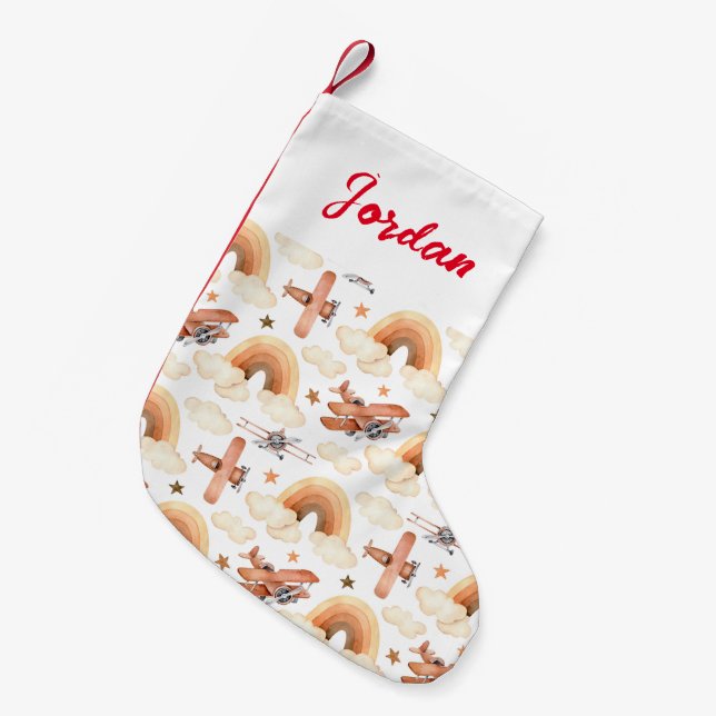 Petite Chaussette De Noël Cute aquarelle Rainbow Motif d'avion (Devant (Accrochage))