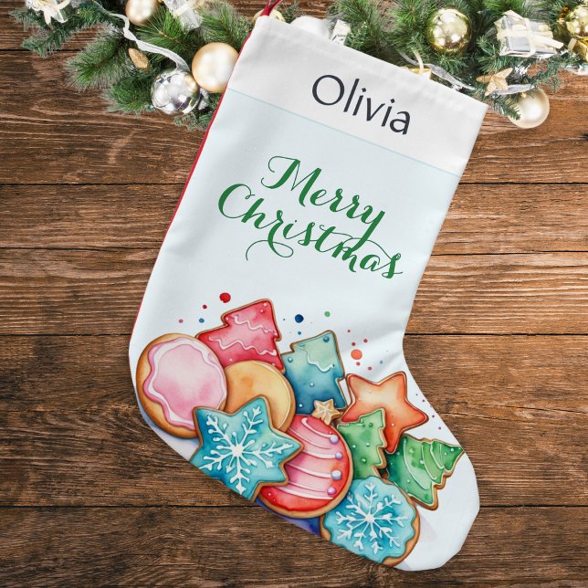 Petite Chaussette De Noël Cute Cookies Traitements de vacances Personnalisés (A personalized Christmas stocking featuring colorful festive cookies in a watercolor style)