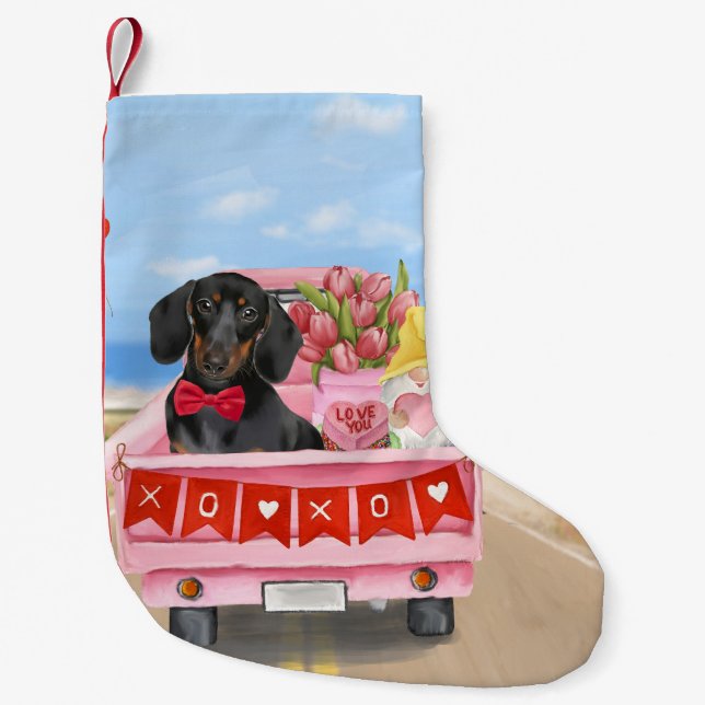 Petite Chaussette De Noël Dachshund Chien Saint-Valentin Coeurs de Camion (Devant)