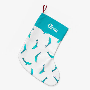 Petite Chaussette De Noël Dauphins bleus sur blanc