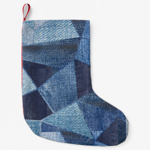 Petite Chaussette De Noël Denim Urban : Patchwork à rayures détendues.