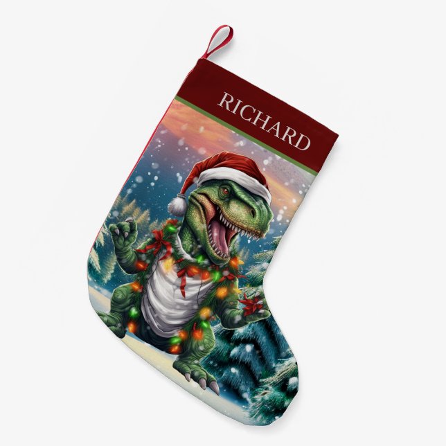 Petite Chaussette De Noël Dinosaure de Noël ajouter nom (Devant (Accrochage))