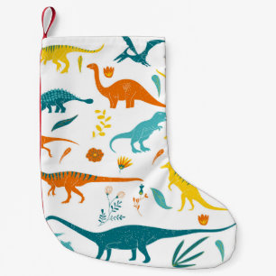 Petite Chaussette De Noël Dinosaures stylisés, éléments floraux, mignons.