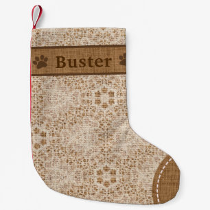 Petite Chaussette De Noël Dog Rustic Burlap & Lace Snowflake Personnalisé