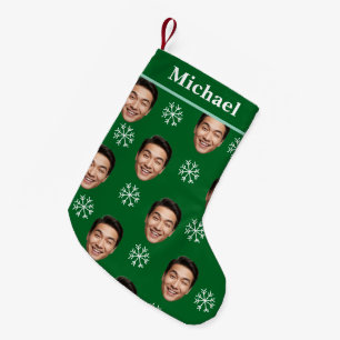 Petite Chaussette De Noël Drôle Personnalisé Visage & Nom Green Snowflake