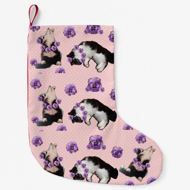 Petite Chaussette De Noël Drôle Tuxedo Chat Pink Polka Point Noël Stocker (Devant)