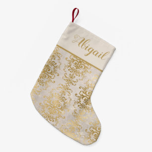 Petite Chaussette De Noël Élégant Damassé Ivoire Or Personnalisé