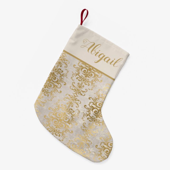 Petite Chaussette De Noël Elegant Gold Ivory Damask Personnalisé (Devant (Accrochage))