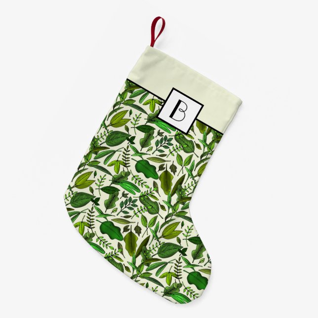 Petite Chaussette De Noël Élégant Monogramme Motif végétal vert (Devant (Accrochage))