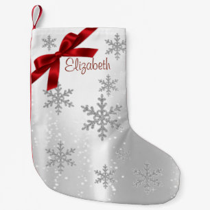 Petite Chaussette De Noël Élégant Snowflakes brillant, Red Bow Personnalisé