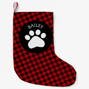 Petite Chaussette De Noël Empreinte de patte sur Buffalo Check Pet Noël Stoc
