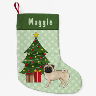 Petite Chaussette De Noël Fawn Pug Chiot de Dessin Animé avec un Sapin de No
