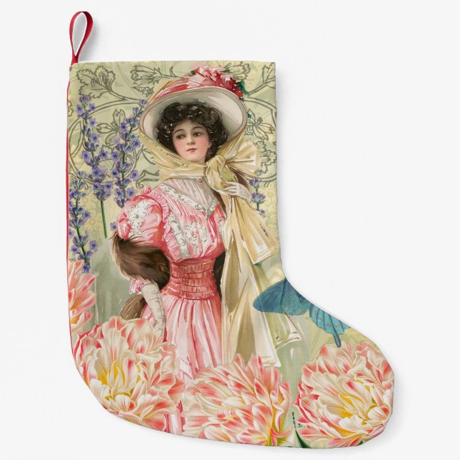 Petite Chaussette De Noël Femme victorienne florale rose Régence (Devant)