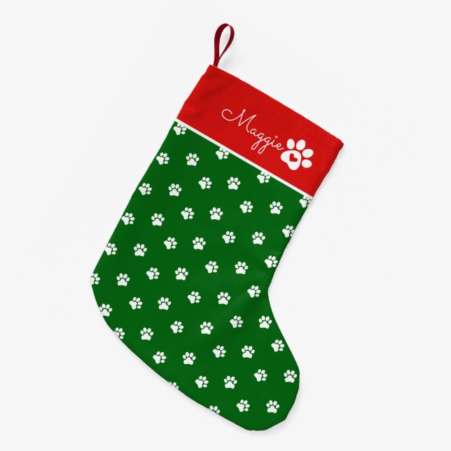 Petite Chaussette De Noël Festive Dog Paw Print  Custom Name (Devant (Accrochage))