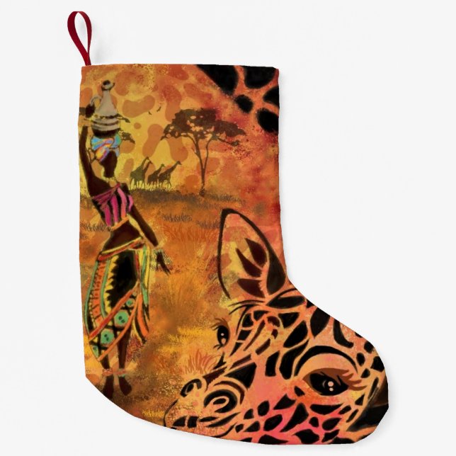 Petite Chaussette De Noël Fille africaine et Giraffe Noël Stocker (Devant)