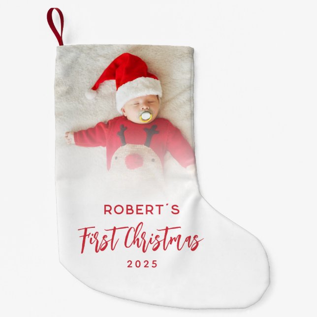 Petite Chaussette De Noël First Christmas Script Baby Photo personnalisée (Devant)