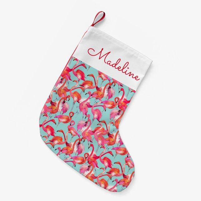 Petite Chaussette De Noël Flamants roses aquarelles rassemblés| Ajouter votr (Devant (Accrochage))