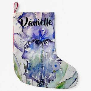 Petite Chaussette De Noël Fleurs d'aquarelle bleu Iris Nom floral Stocking