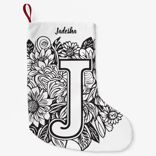 Petite Chaussette De Noël Fleurs d'encre de monogramme noir et blanc de styl (Devant)