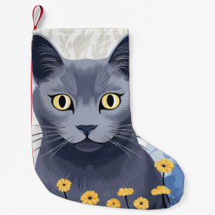 Petite Chaussette De Noël Fleurs Jaunes Chat Bleu Russe
