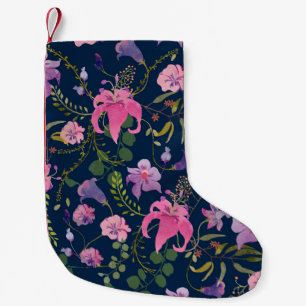 Petite Chaussette De Noël Fleurs roses et violettes avec des feuilles verts