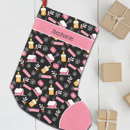 Petite Chaussette De Noël Flocon de neige d'hiver Motif noir et rose Personn