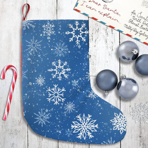 Petite Chaussette De Noël Flocons de Neige Bleus Classique Hiver Blanc