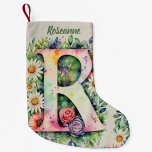 Petite Chaussette De Noël Floral Design personnalisé Monogramme Aquarelle Fl