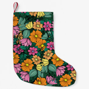 Petite Chaussette De Noël Floral vibrant : Vert Arrière - plan Vintage.