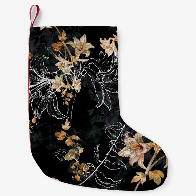 Petite Chaussette De Noël Flore foncée : Aquarelle Peinture sans joint. (Devant)