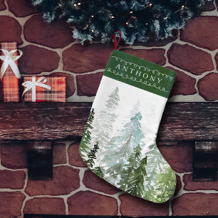 Petite Chaussette De Noël Forêt de pins à l'aquarelle Nom personnalisé