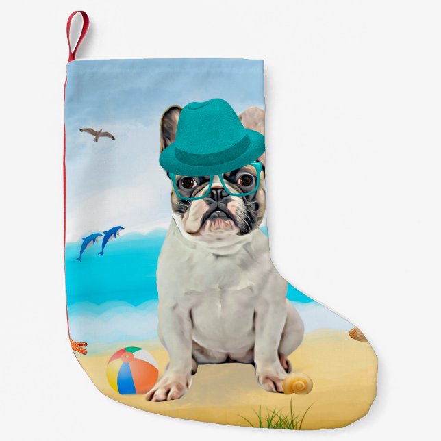 Petite Chaussette De Noël French Bulldog sur la plage (Devant)