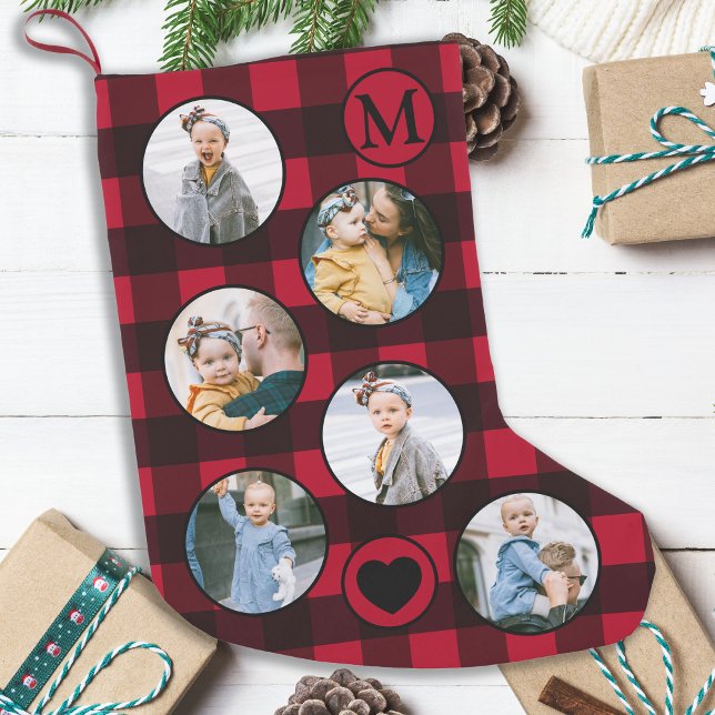 Petite Chaussette De Noël Fun Personnalisé Baby Photo Rouge Noir Plaid Petit (Créateur téléchargé)