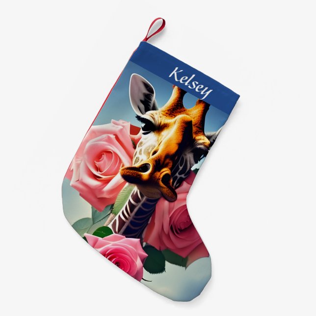 Petite Chaussette De Noël Funny Giraffe et Rose Surreal Personnalisé (Devant (Accrochage))