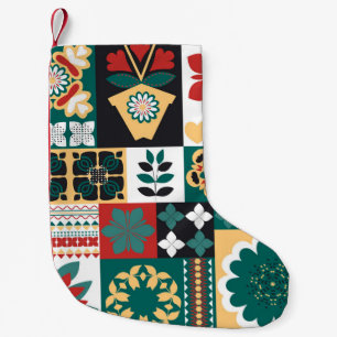 Petite Chaussette De Noël Géométrique mexicaine : Ornement vert rouge.