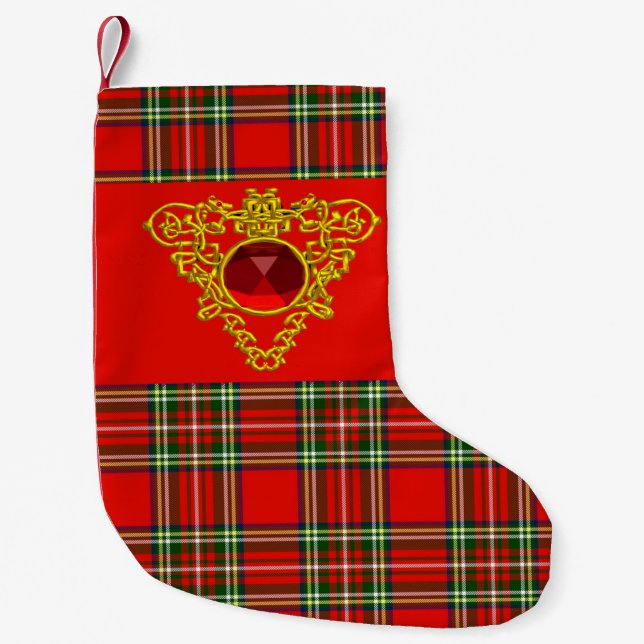 PETITE CHAUSSETTE DE NOËL GOLD CELTIC COEUR, RUBY, ROUGE VERT ÉCOSSE TARTAN (Devant)