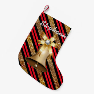 Petite Chaussette De Noël Golden Bell Red Gold & Black Faux Parties scintill