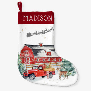 Petite Chaussette De Noël Grange Rustique Camion Rouge Vintage Monogramme Ma