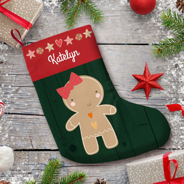 Petite Chaussette De Noël Green Gingerbread Girl Nom de vacances Rustic Cute (Créateur téléchargé)